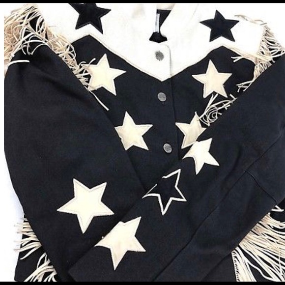 Western Fringe Denim Jean Jacket Black White Stars - Picture 3 of 4